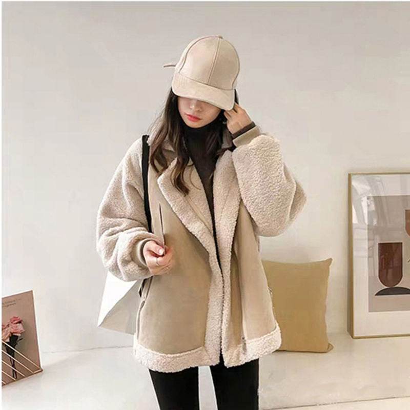 Jachetă călduroasă beige din material teddy cu căptușeală faux fur, croială oversized pentru toamnă My Store