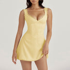 Rochie scurtă casual galben pal cu corset bretele cu dantelă si fustă evazată pentru vară