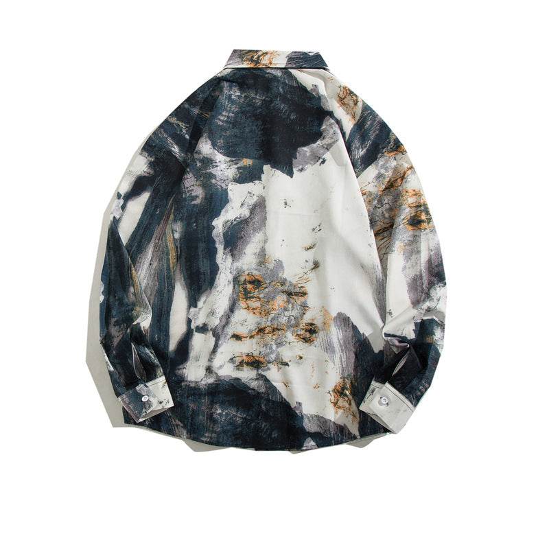 Cămăsi tie-dye diferite modele stil retro cămașă mânecă lungă cu imprimeu abstract alb negru și maro de la AM Vision RO