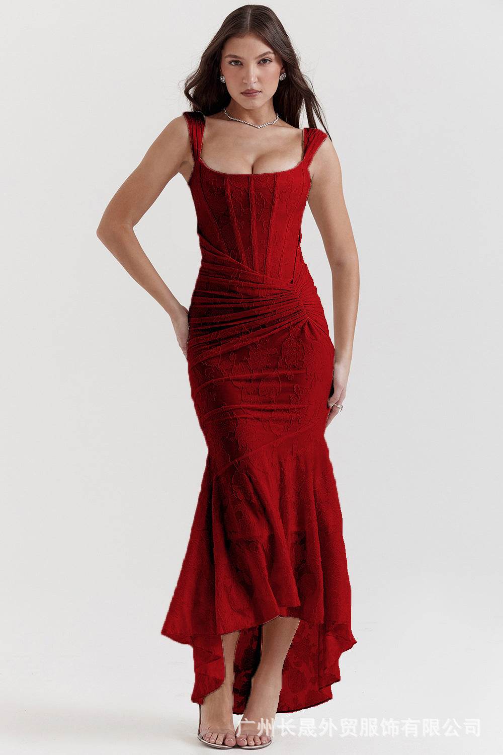 Rochie tip sirenă din jacquard cu decolteu rotund și talie drapată model mulat elegant