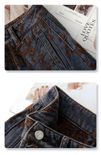 Close-up of Retro Jacquard Wide Leg Denim Pants featuring floral patterns and detailed stitching