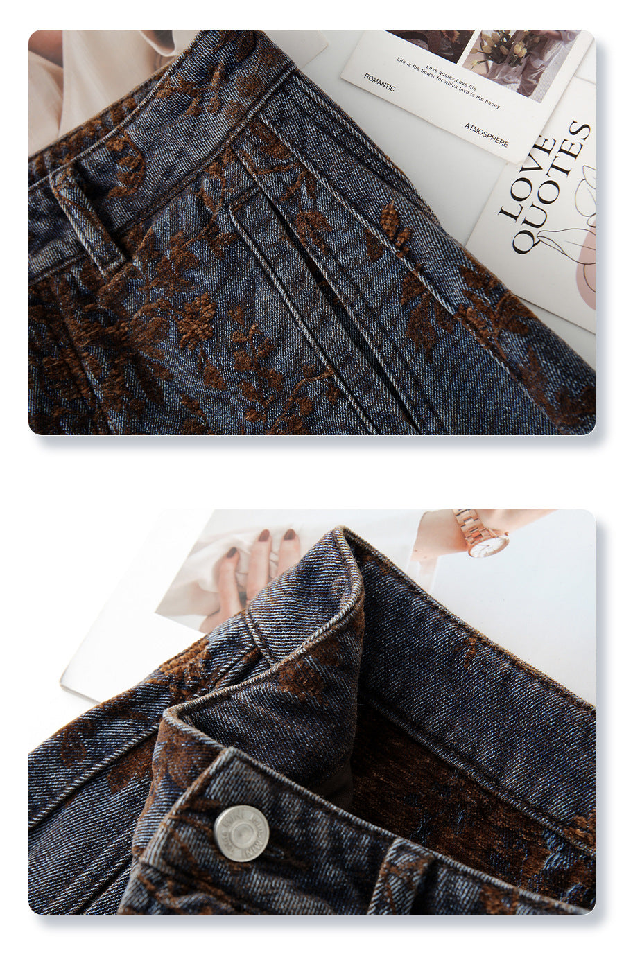 Close-up of Retro Jacquard Wide Leg Denim Pants featuring floral patterns and detailed stitching