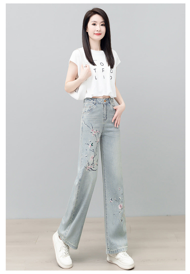 Spring Embroidered Wide Leg Jeans