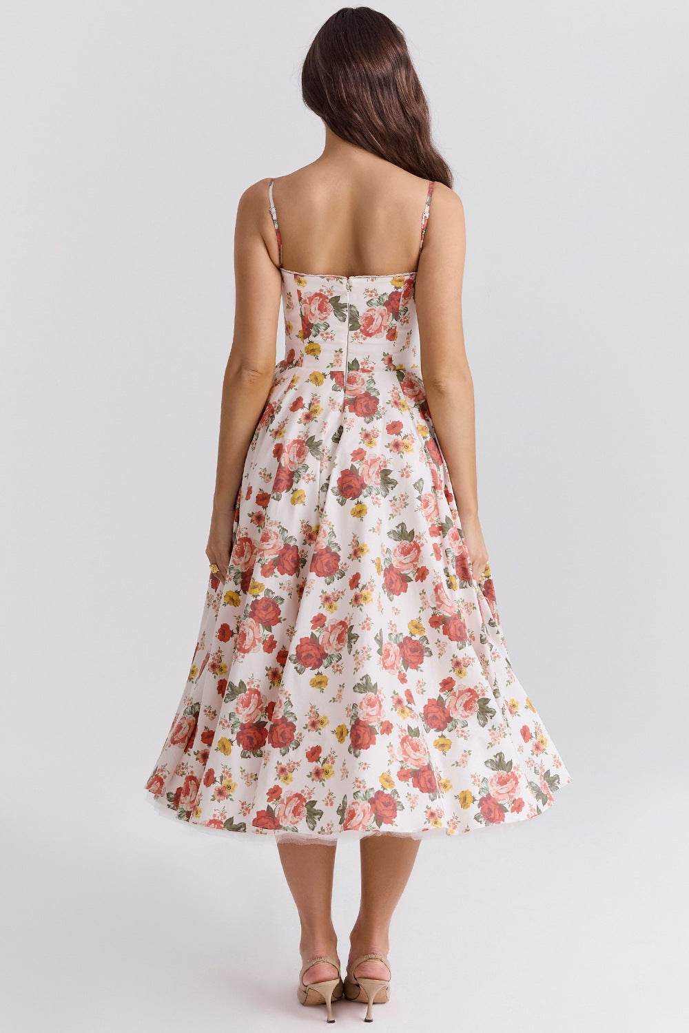 Rochie midi din satin cu imprimeu floral roz portocaliu, bretele subțiri, spate drept și fustă evazată