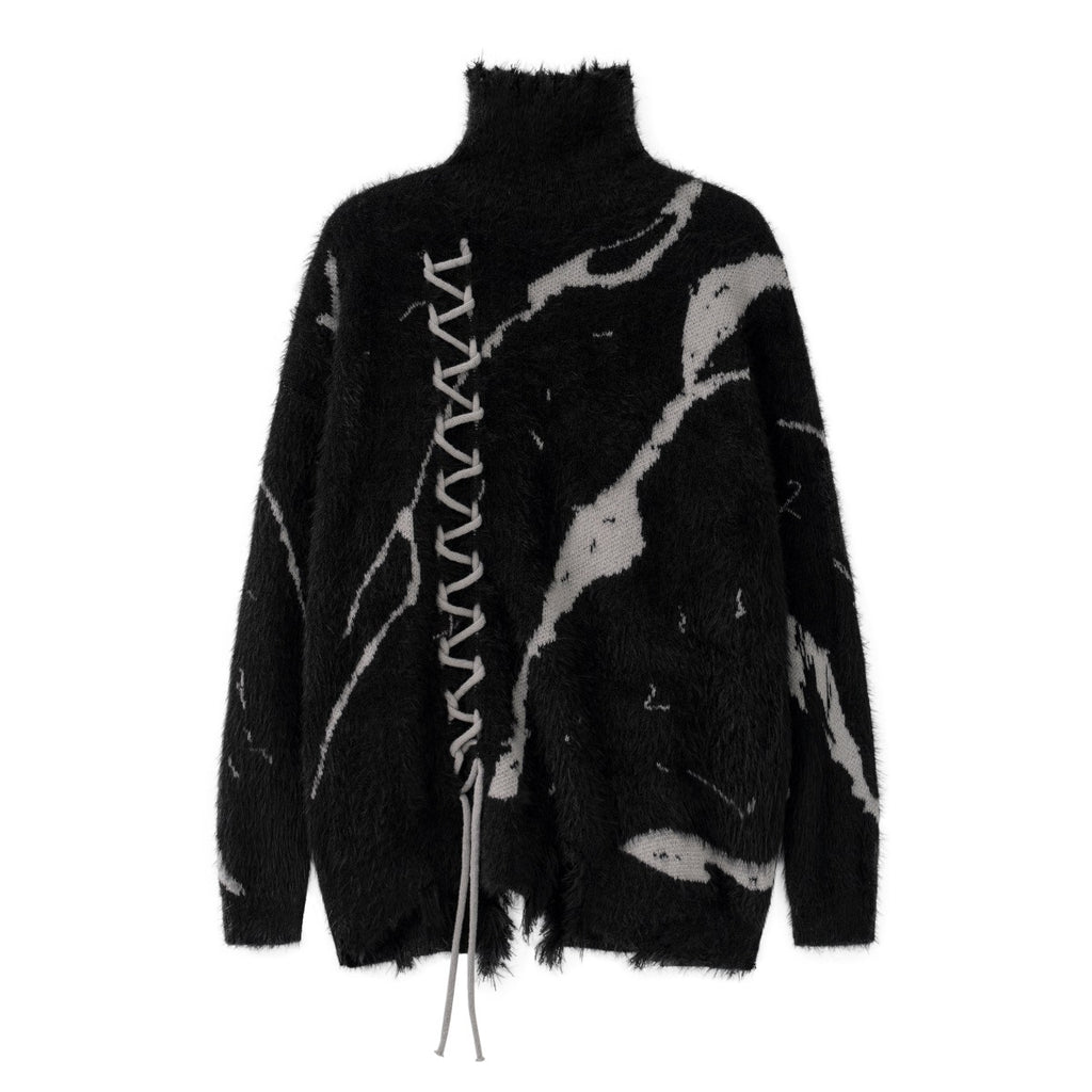 Oversized Sweater With Dark Street Design And Distressed Details featuring a unique lace-up front