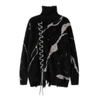 Oversized Sweater With Dark Street Design And Distressed Details featuring a unique lace-up front