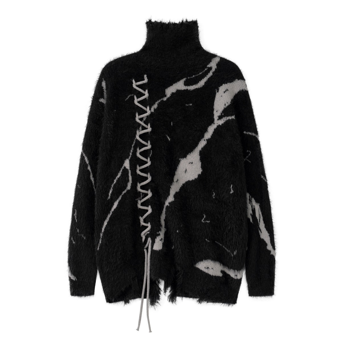 Oversized Sweater With Dark Street Design And Distressed Details featuring a unique lace-up front