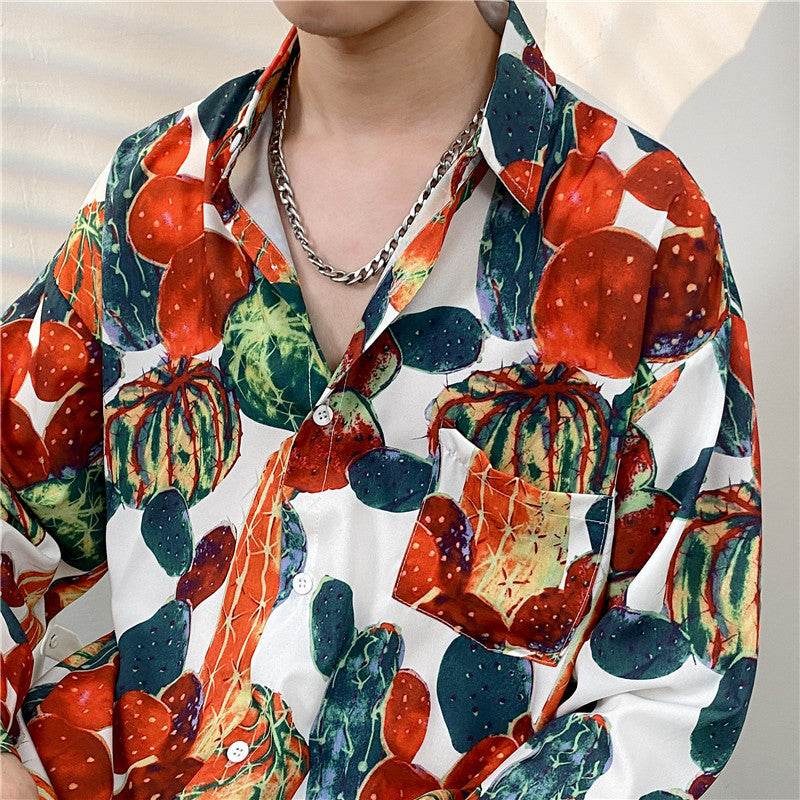 Cămăsi tie-dye diferite modele stil retro cu imprimeu cactus si fructe colorate nasturi frontali si buzunar la piept