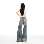Pantaloni largi din denim cu imprimeu leopard, culoare albastră, model cu talie înaltă și design elegant