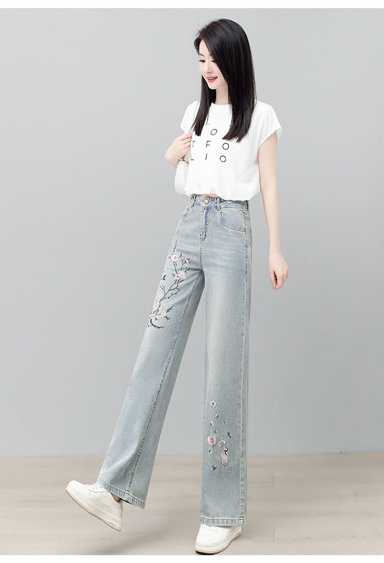 Spring Embroidered Wide Leg Jeans