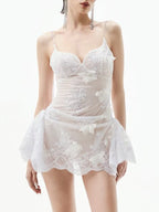 Ivory Siren Lace Mini Dress with delicate floral lace details and a flared skirt design