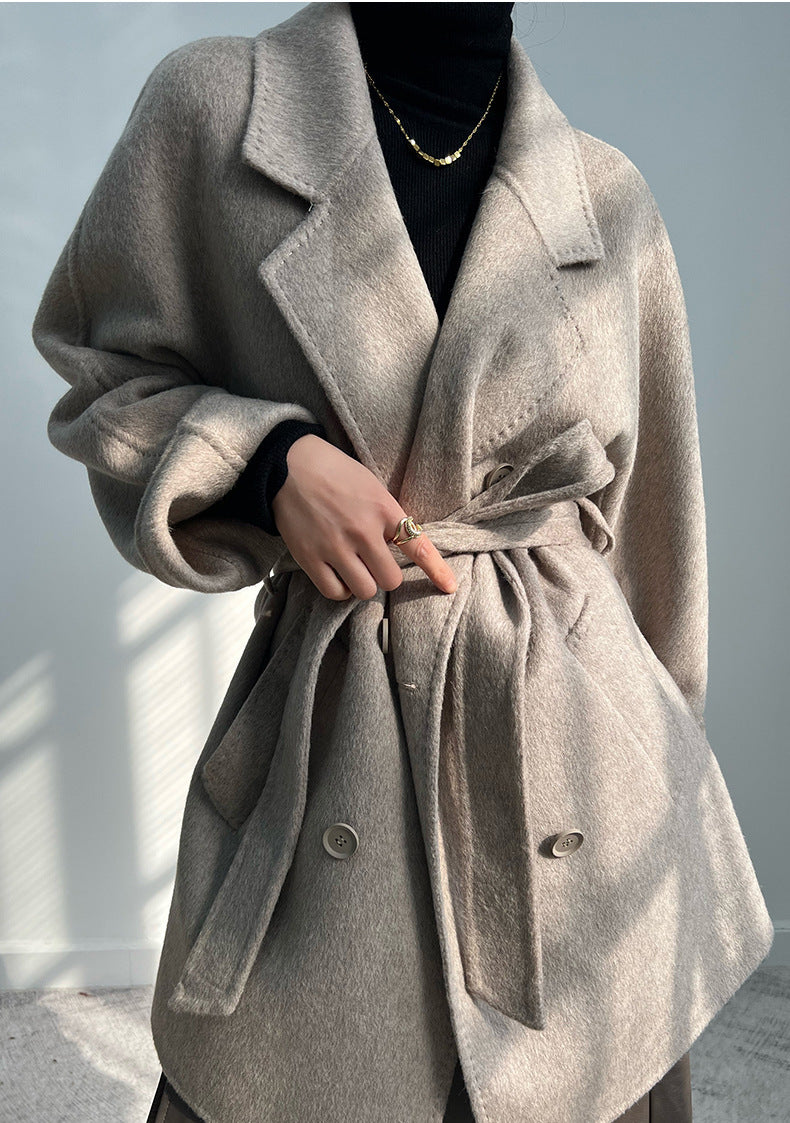 Adele Double Wool Coat in Beige with a Tie Belt and Elegant Design for Stylish Outfits