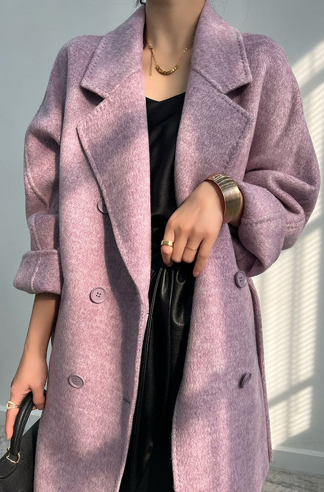 Adele Double Wool Coat in soft pink with stylish double-breasted design and oversized fit