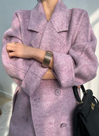 Adele Double Wool Coat in soft lavender with a relaxed fit and wide lapels, perfect for stylish layering