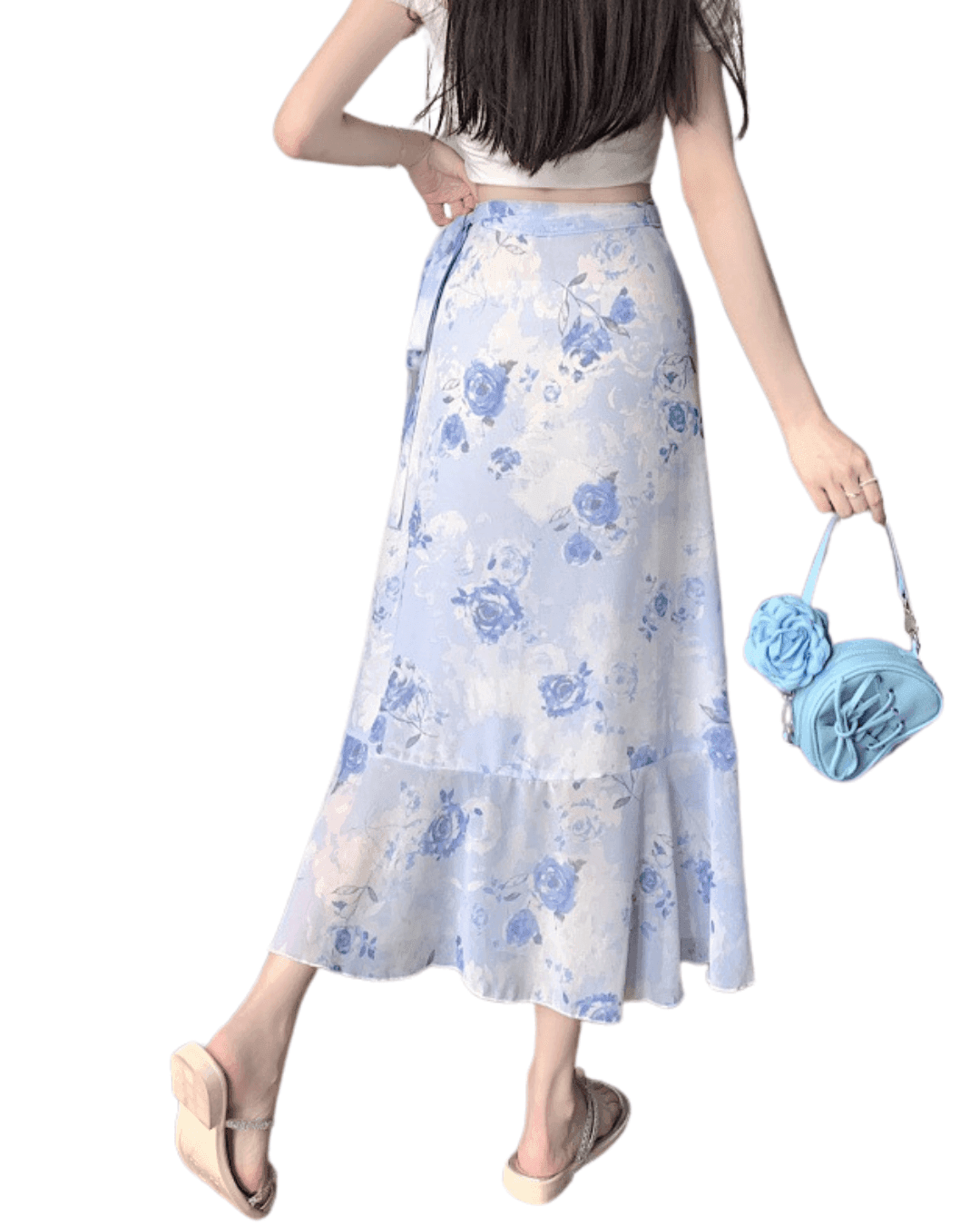 Airy Drawstring Skirt in Light Blue Floral Pattern with Flowing Design for Summer Fashion