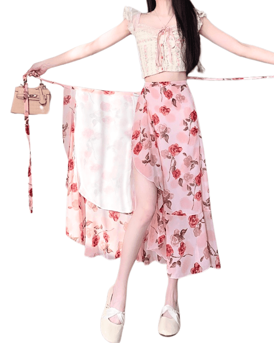 AM Vision RO Airy Drawstring Skirt in Floral Print with Flowing Design and High Slit