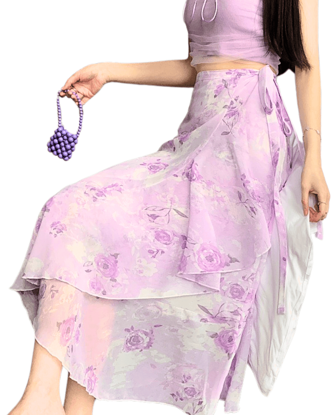 AM Vision RO Airy Drawstring Skirt in Lavender Floral Print with Layered Design and Ties