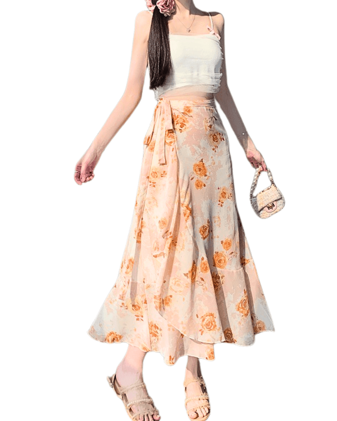 AM Vision RO Airy Drawstring Skirt in Floral Pattern with Flowing Design for a Stylish Summer Look