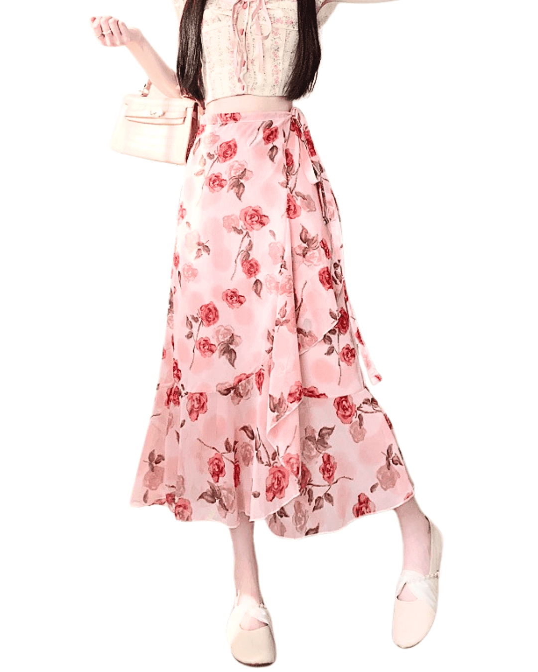 Light Pink Airy Drawstring Skirt with Floral Print Ideal for Casual Summer Outfits