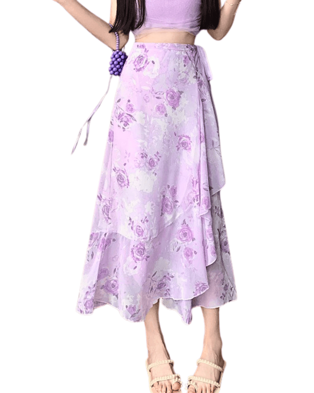 Light purple Airy Drawstring Skirt with floral pattern and ruffle hem for a stylish summer look