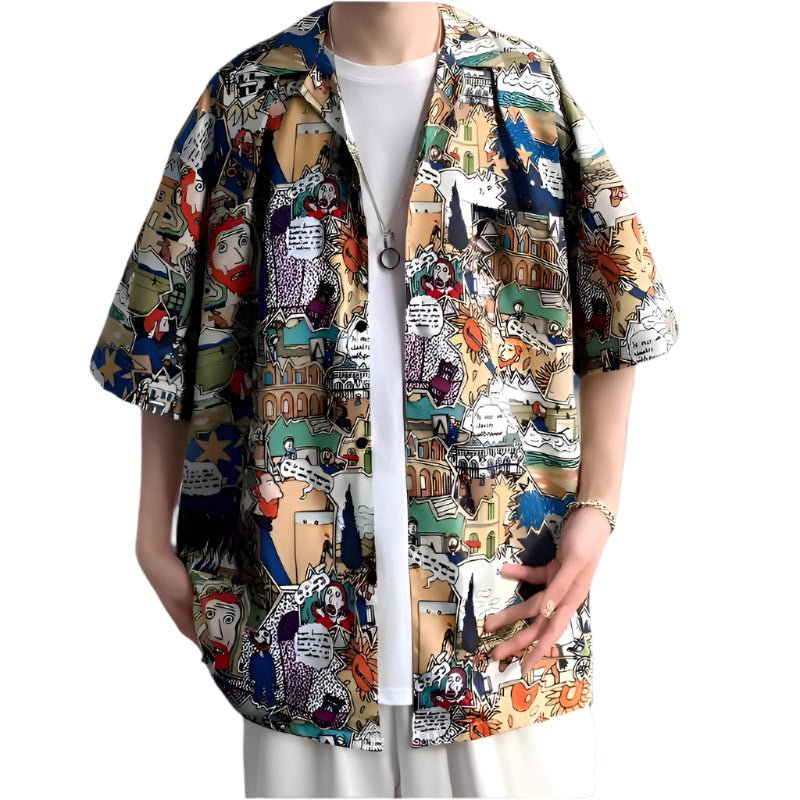 Colorfu Animated Print Shirt featuring artistic designs and a relaxed fit for casual wear