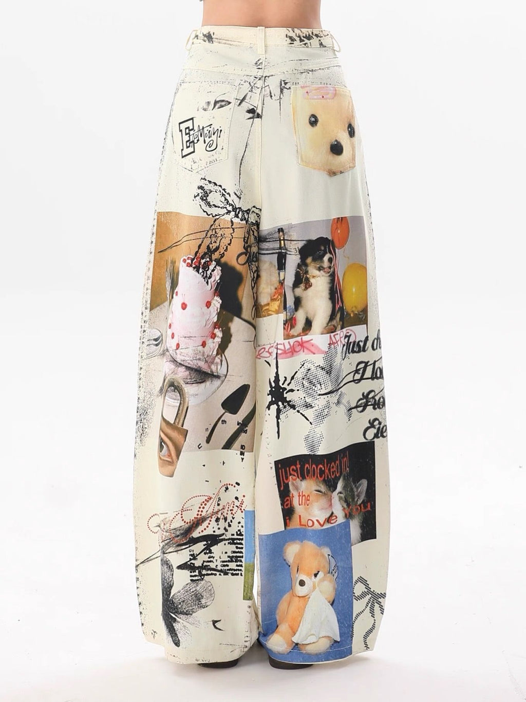 Apricot Puppy Street Jeans featuring a unique graphic print and wide-leg design for a trendy look