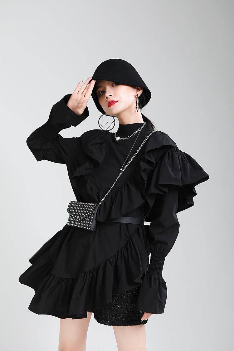 Chic Asymmetric Dress with Ruffles in black featuring a stylish silhouette and oversized sleeves