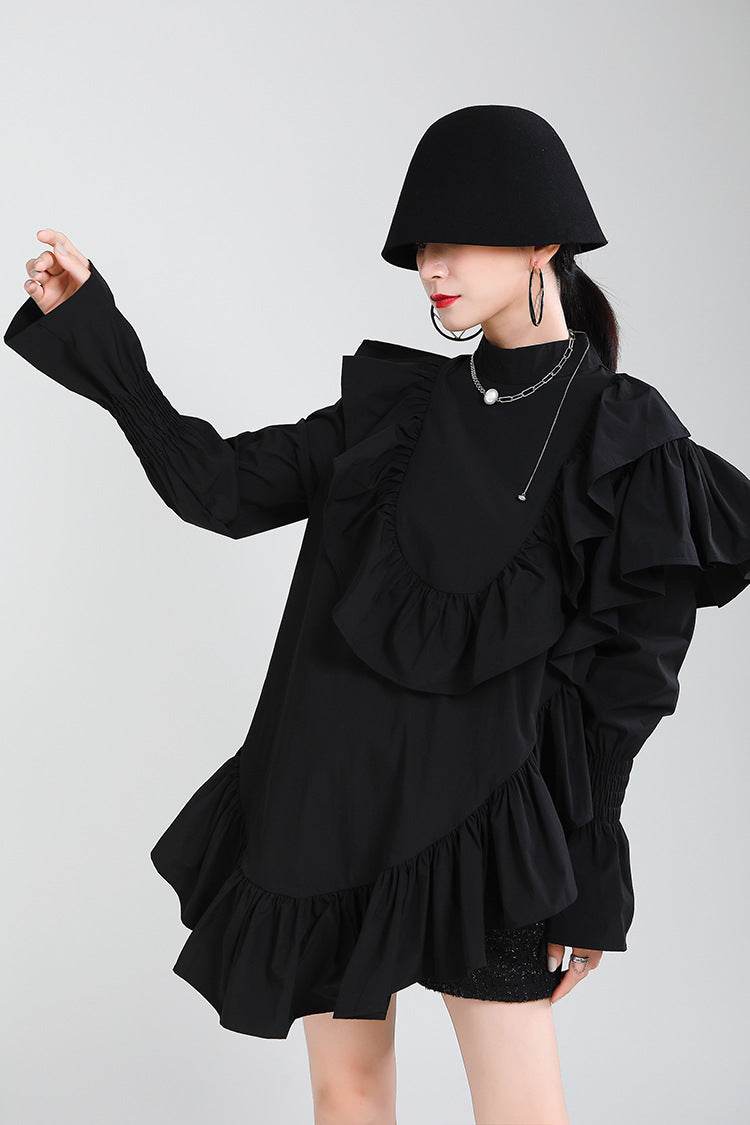 Trendy Asymmetric Dress with Ruffles in Black, featuring a stylish layered design and long sleeves