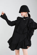 Trendy Asymmetric Dress with Ruffles in Black, featuring a stylish layered design and long sleeves