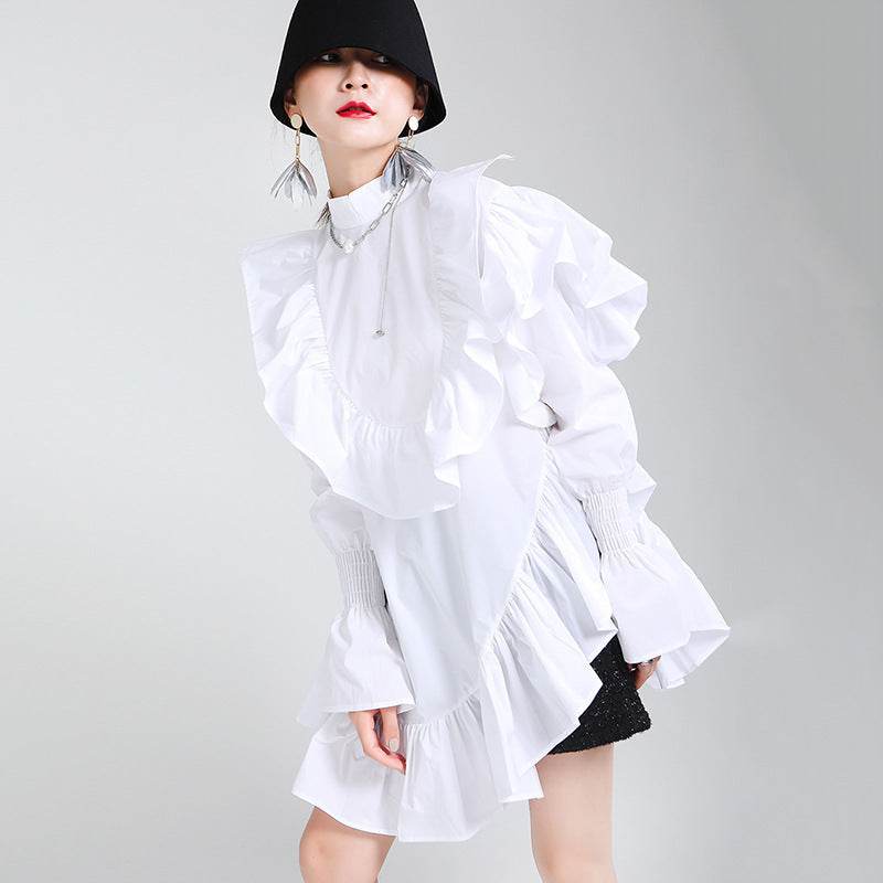 Stylish Asymmetric Dress with Ruffles in White for a Chic and Modern Look