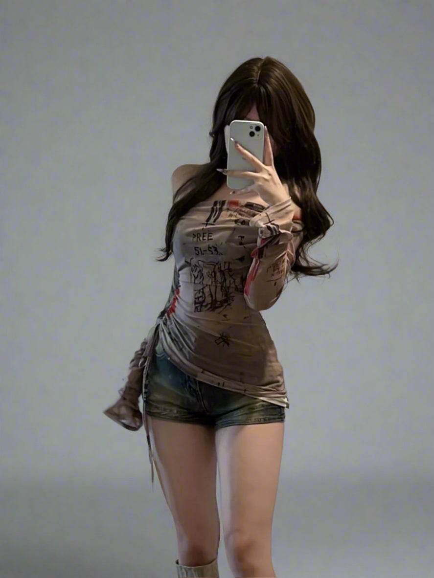 Women's trendy asymmetric top in brown featuring a stylish design and unique graphics