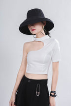 AM Vision RO Asymmetric Top with Cutouts in White, featuring a one-shoulder design for a trendy look