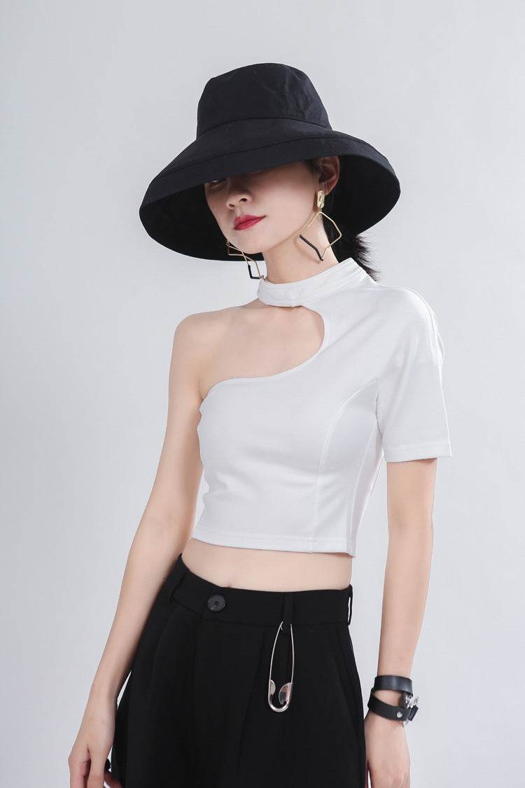 AM Vision RO Asymmetric Top with Cutouts in White, featuring a one-shoulder design for a trendy look