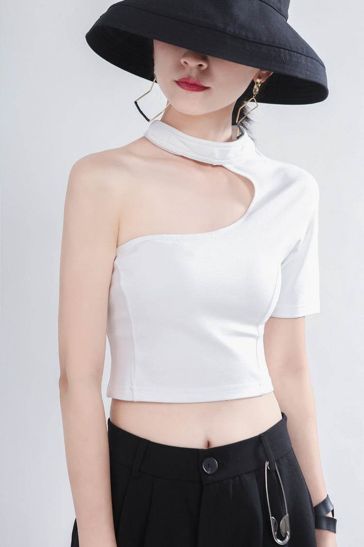 Stylish Asymmetric Top with Cutouts in white, featuring a unique one-shoulder design and cropped fit
