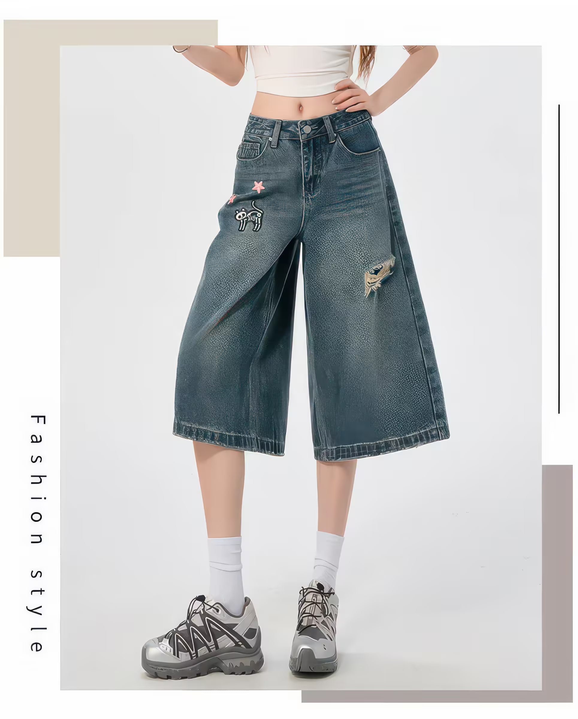 Blugi evazați "Funny Kitten" AM Vision RO culotte din denim cu broderie pisică talie înaltă aspect uzat