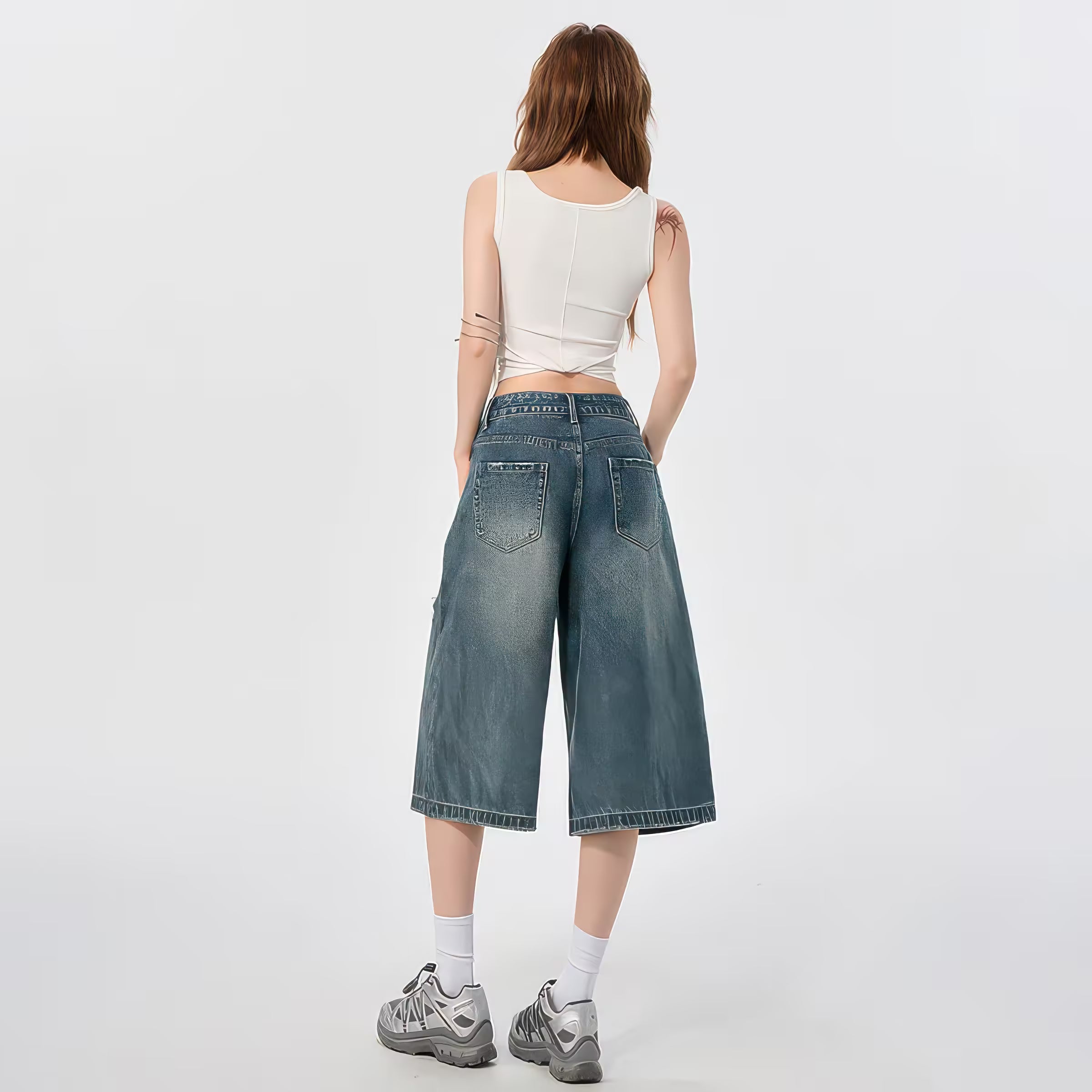 Blugi evazați "Funny Kitten" AM Vision RO vedere din spate talie înaltă croială culotte lungime midi denim uzat