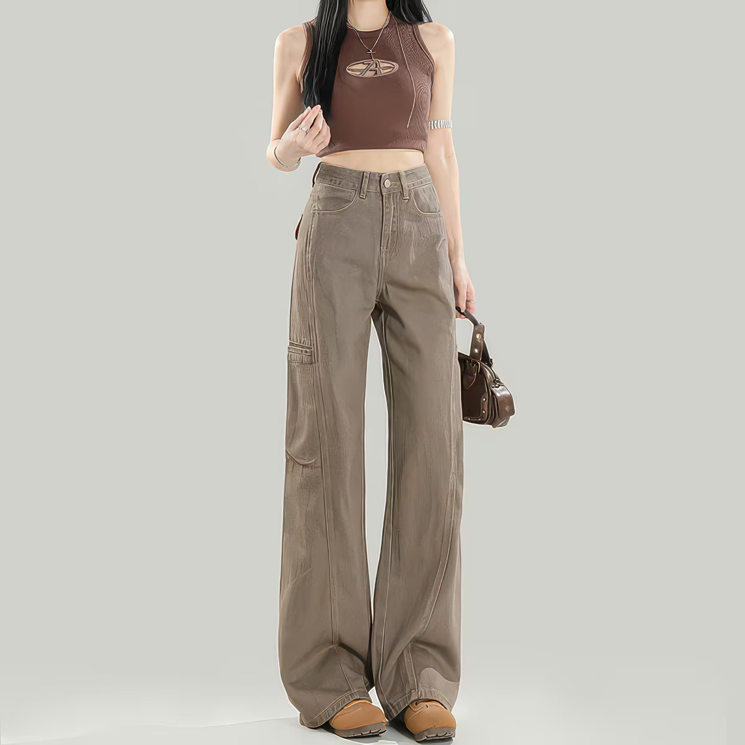 Blugi largi "Green Coffee" pantaloni evazați kaki cu talie înaltă buzunare laterale model casual