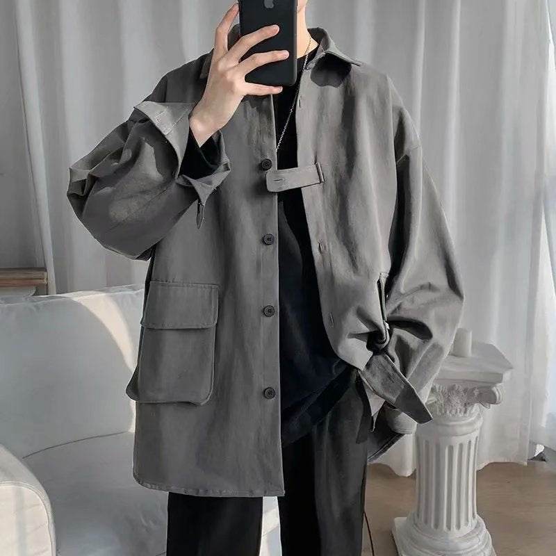 Cămașă de primăvară din bumbac gri oversized cu nasturi buzunar frontal și croială lejeră pentru ținută casual