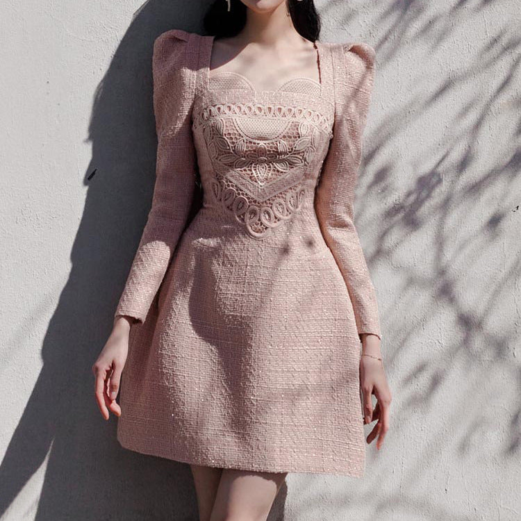 Nude Pink Atelier A-Line Dress with Embellished Bodice and Long Sleeves, Perfect for Formal Events