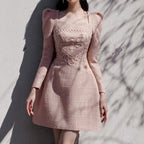 Nude Pink Atelier A-Line Dress with Embellished Bodice and Long Sleeves, Perfect for Formal Events