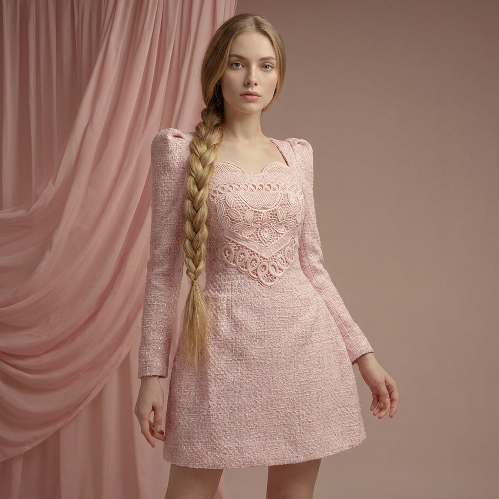 Model wearing a Nude Pink Atelier A-Line Dress with long sleeves and intricate detailing