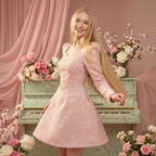 Nude Pink Atelier A-Line Dress with elegant design, featured in a floral setting near a vintage piano