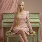 Model wearing a Nude Pink Atelier A-Line Dress sitting on a green vintage piano with floral accents