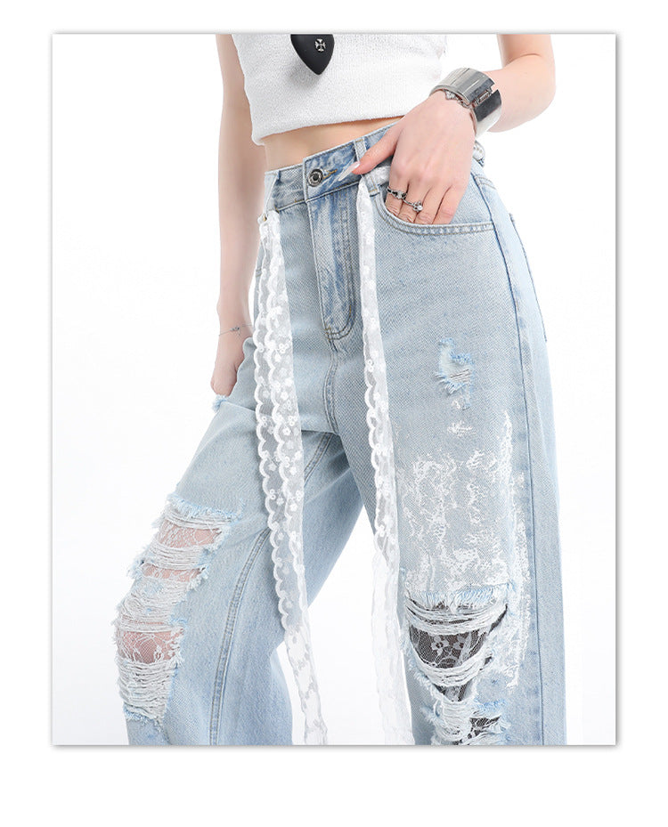Pantaloni din denim cu dantelă și rupturi. Blugi largi cu dantelă aplicată, rupturi decorative și talie înaltă, model AM Vision RO