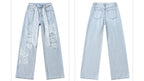 AM Vision RO Pants with Lace and Rips - High Waist in light blue denim featuring wide legs and a trendy design