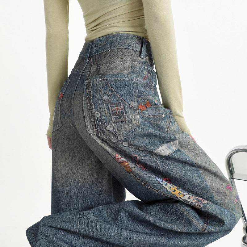 Pantaloni largi cu imprimeu digital 3D de tip denim cu detalii colorate si buzunare imprimate look urban AM Vision RO