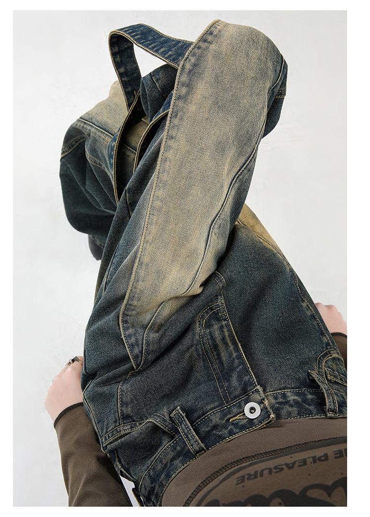 Pantaloni Retro Efect Prespălat din denim uzat cu talie joasă buzunare vizibile nasture alb