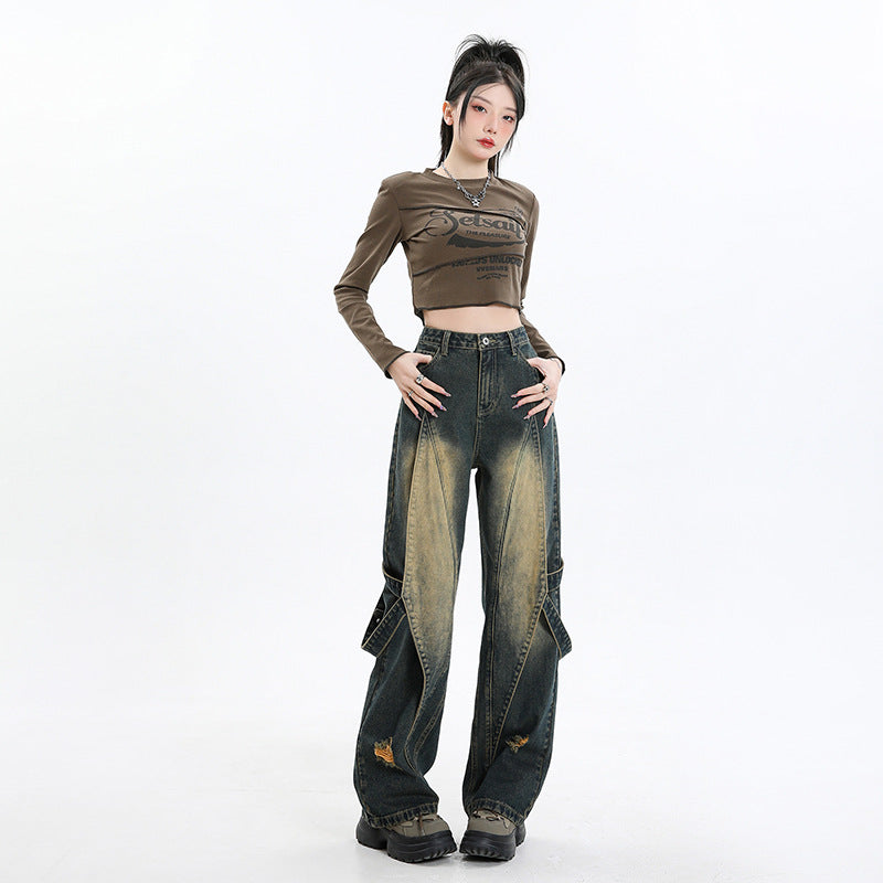 Pantaloni Retro Efect Prespălat din denim talie înaltă croială baggy buzunare cargo și rupturi decorative