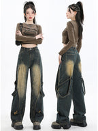 Pantaloni Retro Efect Prespălat largi din denim cu talie înaltă buzunare cargo și aspect uzat
