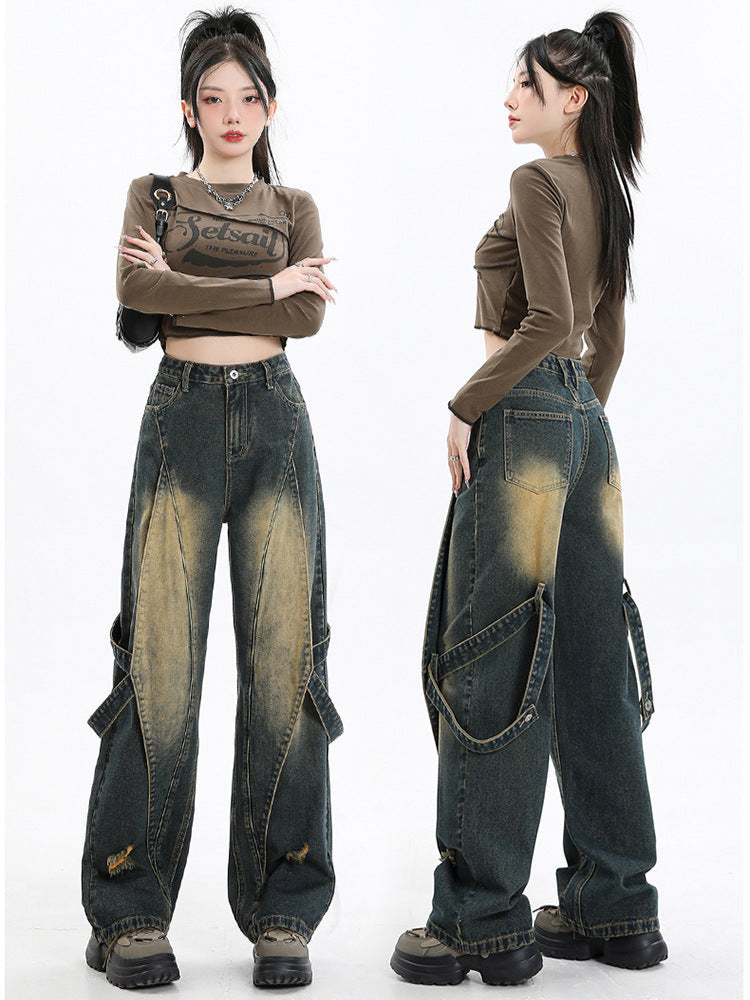 Pantaloni Retro Efect Prespălat largi din denim cu talie înaltă buzunare cargo și aspect uzat